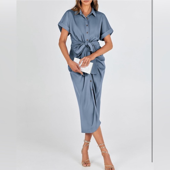 BTFBM 2024 Button Down Ruched Shirt Short Sleeve Lapel VNeck Elegant Satin Dress - Picture 8 of 9